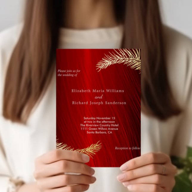 Elegante Hochzeiten und UAWG Ruby Red Gold Blätter Folie Einladungspostkarte (Von Creator hochgeladen)