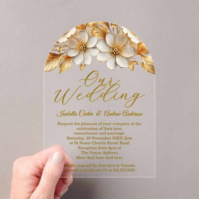 Elegante Hochzeiten Verzierte Blumencreme Gold Blu Acryleinladungen (Von Creator hochgeladen)