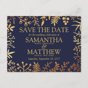 Elegante Hochzeiten von Navy & Gold-Floral speiche Ankündigungspostkarte
