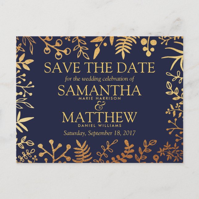 Elegante Hochzeiten von Navy & Gold-Floral speiche Ankündigungspostkarte (Vorderseite)