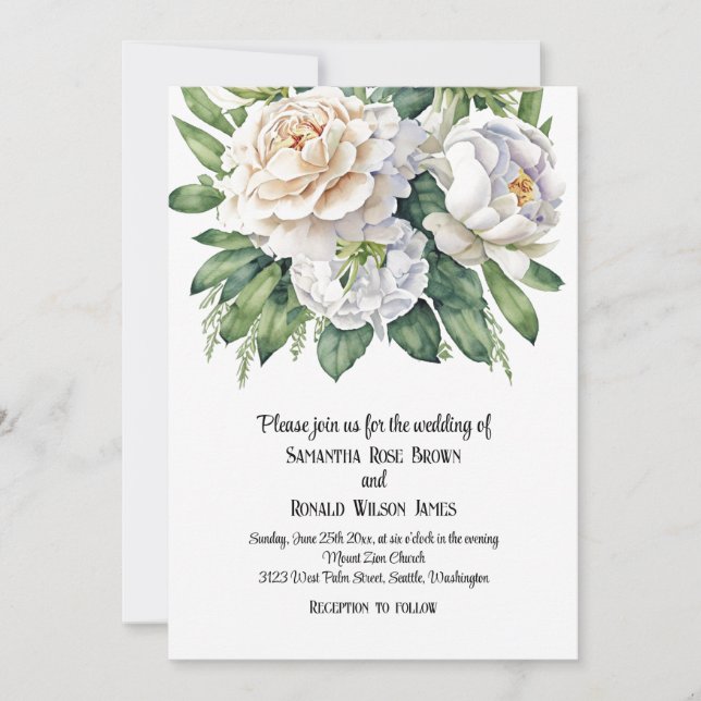 Elegante Hochzeiten von weißen Rosen und Peonies Einladung (Vorderseite)