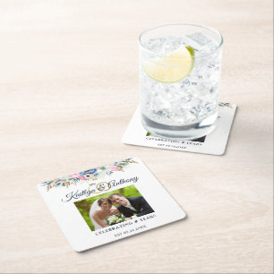 Elegante Hochzeits-Jahrestag-Wasserfarben-Blumen-F Rechteckiger Pappuntersetzer