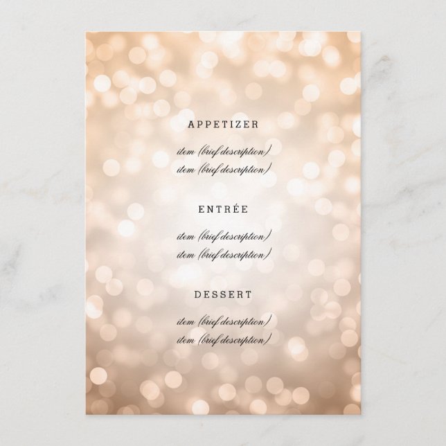 Elegante Hochzeits-Menü-Kupfer-Glitzer-Lichter Menükarte (Vorderseite)