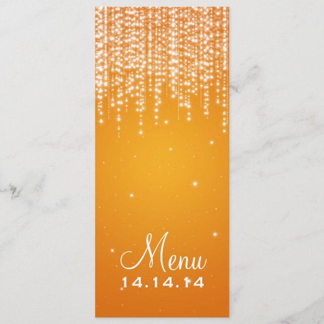 Elegante Hochzeits-Menü-Nacht blenden Orange Menükarte (Vorderseite)