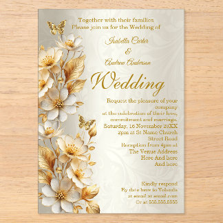 Elegante Hochzeitsblumen Creme Gold Schmetterlinge Acryleinladungen