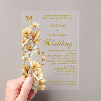 Elegante Hochzeitsblumen Weiße Gold Schmetterlinge Acryleinladungen
