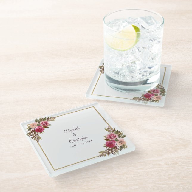 Elegante Hochzeitsbräune und groom Chic Floral Cas Glasuntersetzer (Schrägansicht)