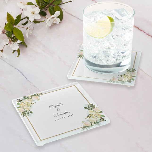 Elegante Hochzeitsbride & Groom Rose Weiß Glasuntersetzer (Elegant Wedding Bride & Groom Floral Roses White Glass Coaster)
