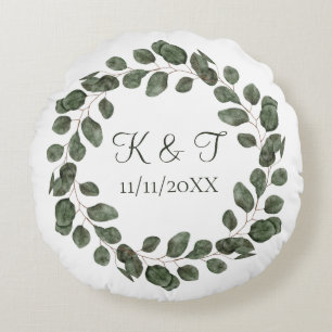 Elegante Hochzeitsdatum-Monogramm Eukalyptusblätte Rundes Kissen