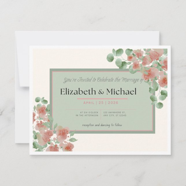 Elegante Hochzeitseinladung in Rosa und Grün RSVP Karte (Vorderseite)