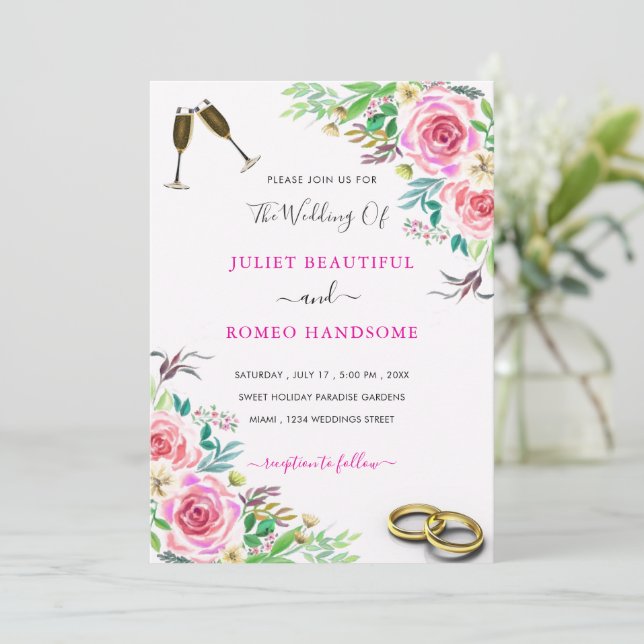 Elegante Hochzeitseinladung mit Rose und Rings (Stehend Vorderseite)