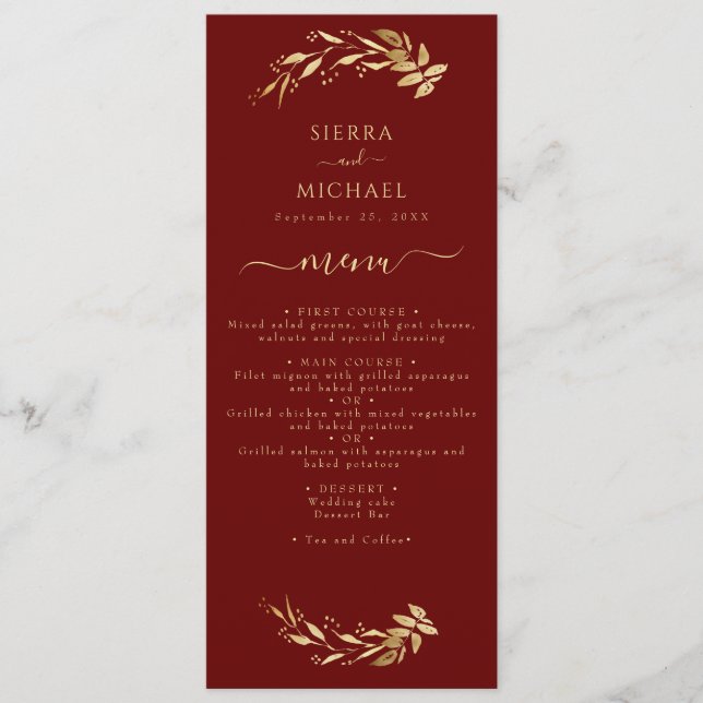 Elegante Hochzeitsempfehlung aus Burgund Gold Foli Menükarte (Vorderseite)