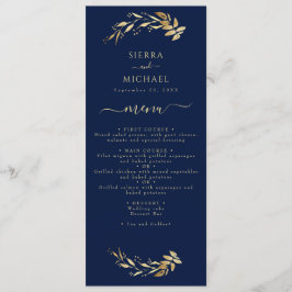 Elegante Hochzeitsempfehlung in Blue Gold Foliage Menükarte