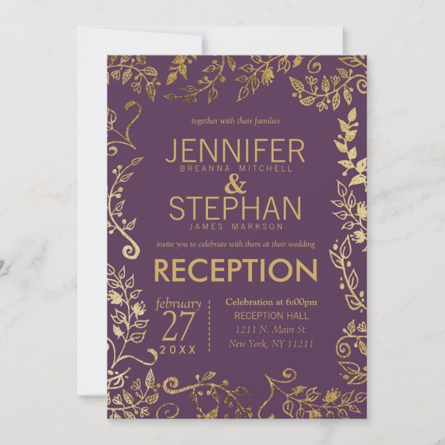 Elegante Hochzeitsempfehlung mit Lila Gold Floral Einladung (Vorderseite)
