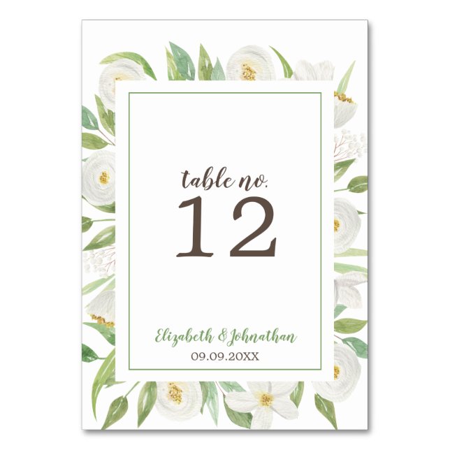 Elegante Hochzeitsempfehlung mit weißer Flora Tischnummer (Vorderseite)