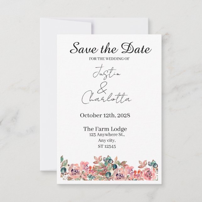 Elegante Hochzeitserinnerungskarte Save The Date (Vorderseite)