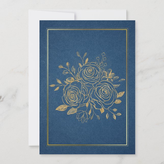 Elegante Hochzeitsfeier in Blue & Gold Einladung (Rückseite)