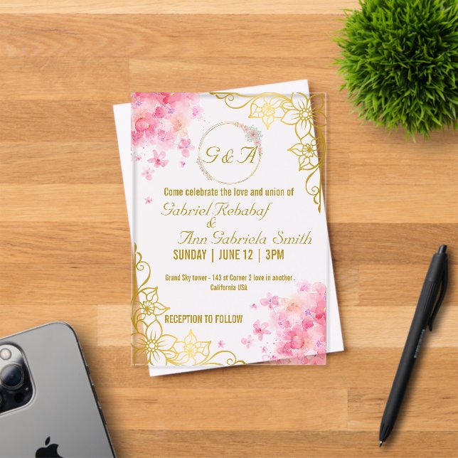 Elegante Hochzeitsfeier mit Gold und Rosa Acryleinladungen (Insitu (Einladungskarte))