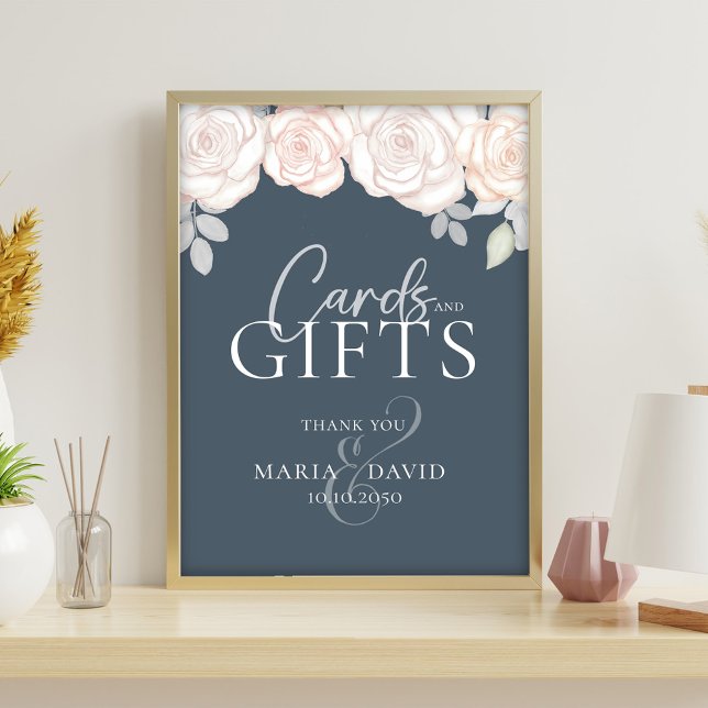 Elegante Hochzeitskarten und Geschenke Dusty Gray Flyer (Dusty blue cards and gifts wedding sign with blush watercolor roses and elegant script.)
