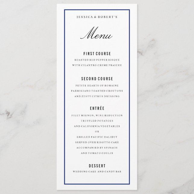 Elegante Hochzeitsmenükarte für die blaue Grenze Menükarte (Vorderseite)