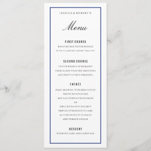 Elegante Hochzeitsmenükarte für die blaue Grenze Menükarte