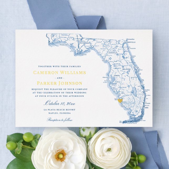 Elegante Hochzeitsnacht und Gold in Neapel Florida Folieneinladung (Elegant Gold Foil Florida Wedding invitation with heart over Naples from Coastal Map Designs)