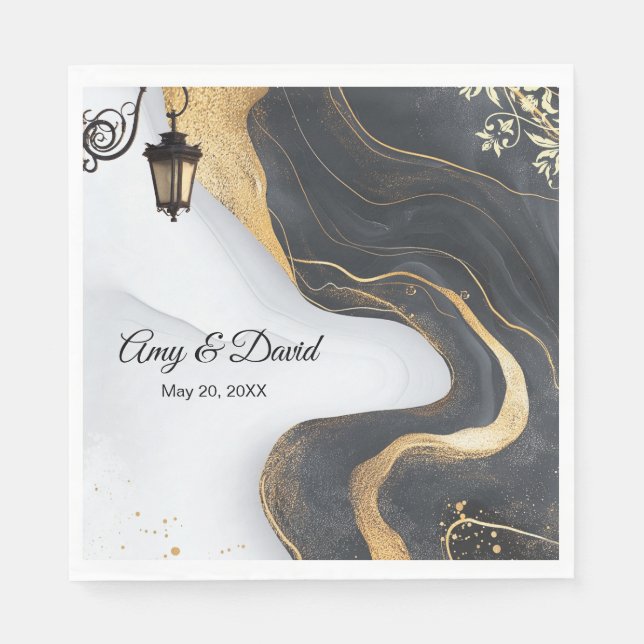 elegante Hochzeitsnapkins in Schwarz und Gold Serviette (Vorderseite)