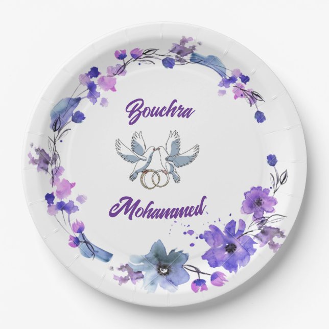 Elegante Hochzeitspapierplatte mit Blumendesign -  Pappteller (Vorderseite)
