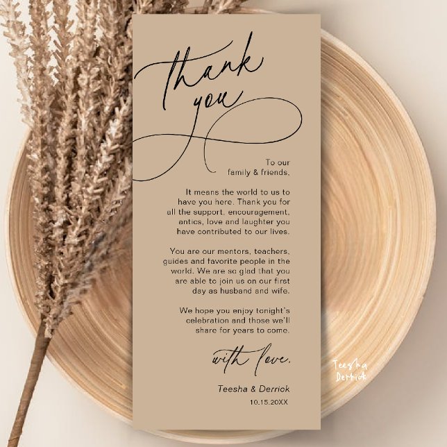 Elegante Hochzeitsplatz-Dankeskarten-Einstellung Programm (Elegant Wedding Place Setting Thank You Card in Brown Tan)