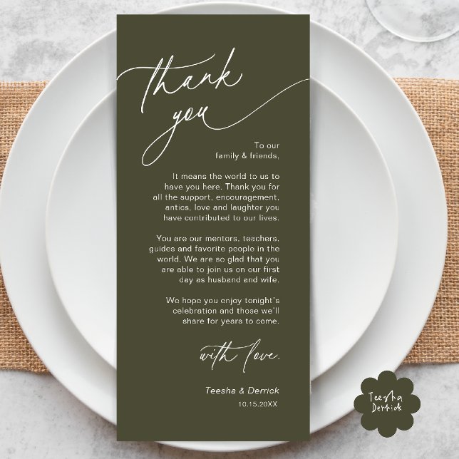 Elegante Hochzeitsplatz-Dankeskarten-Einstellung Programm (Elegant Wedding Place Setting Dinner Thank You Card in Olive Green)