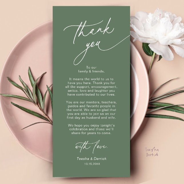 Elegante Hochzeitsplatz-Dankeskarten-Einstellung Programm (Elegant Wedding Place Setting Dinner Thank You Card in Sage Green)
