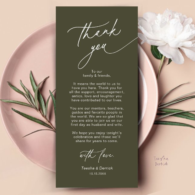 Elegante Hochzeitsplatz-Dankeskarten-Einstellung Programm (Elegant Wedding Place Setting Dinner Thank You Card in Olive Green)