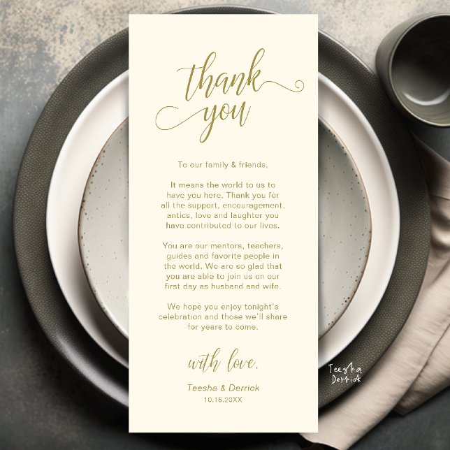 Elegante Hochzeitsplatz-Dankeskarten-Einstellung Programm (Elegant Wedding Place Setting Thank You Card in yellow cream and gold)