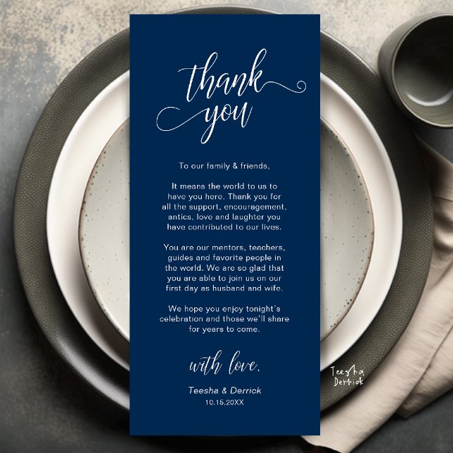 Elegante Hochzeitsplatz-Dankeskarten-Einstellung Programm (Elegant Wedding Place Setting Thank You Card in Navy Blue)