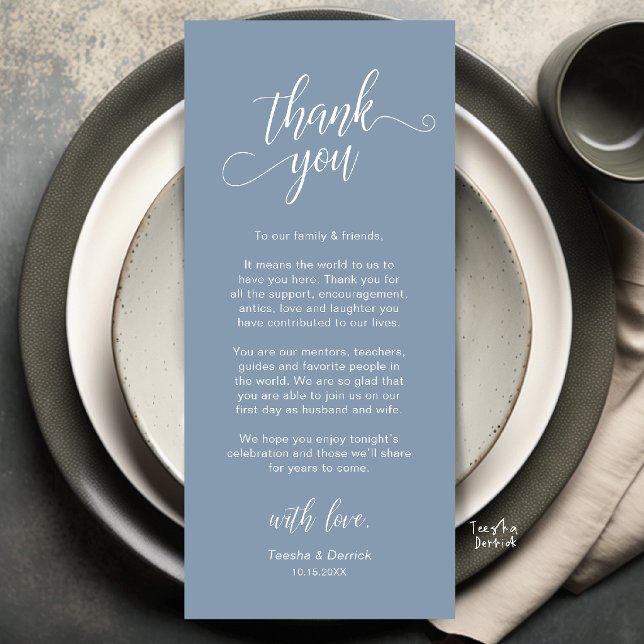 Elegante Hochzeitsplatz-Dankeskarten-Einstellung Programm (Elegant Wedding Place Setting Thank You Card in Dusty Blue)