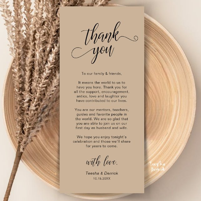 Elegante Hochzeitsplatz-Dankeskarten-Einstellung Programm (Elegant Wedding Place Setting Thank You Card in Brown tan kraft)