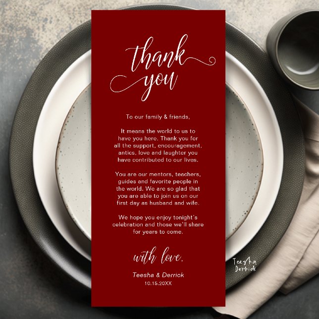 Elegante Hochzeitsplatz-Dankeskarten-Einstellung Programm (Elegant Wedding Place Setting Thank You Card in Burgundy wine red)