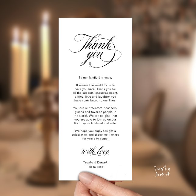 Elegante Hochzeitsplatz-Dankeskarten-Einstellung Programm (Elegant Wedding Place Setting Thank You Card in Black and white)