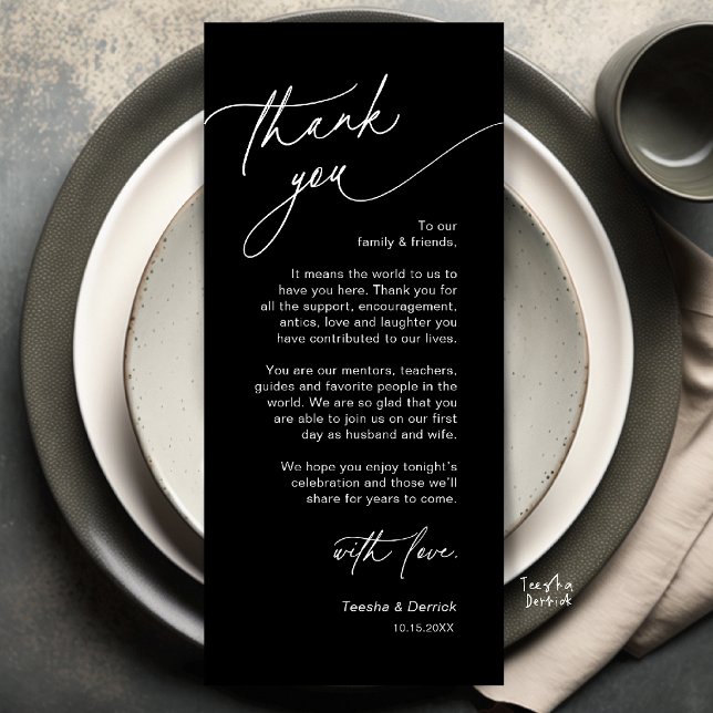 Elegante Hochzeitsplatz-Dankeskarten-Set Programm (Elegant Wedding Place Setting Dinner Thank You Card in Black and White)