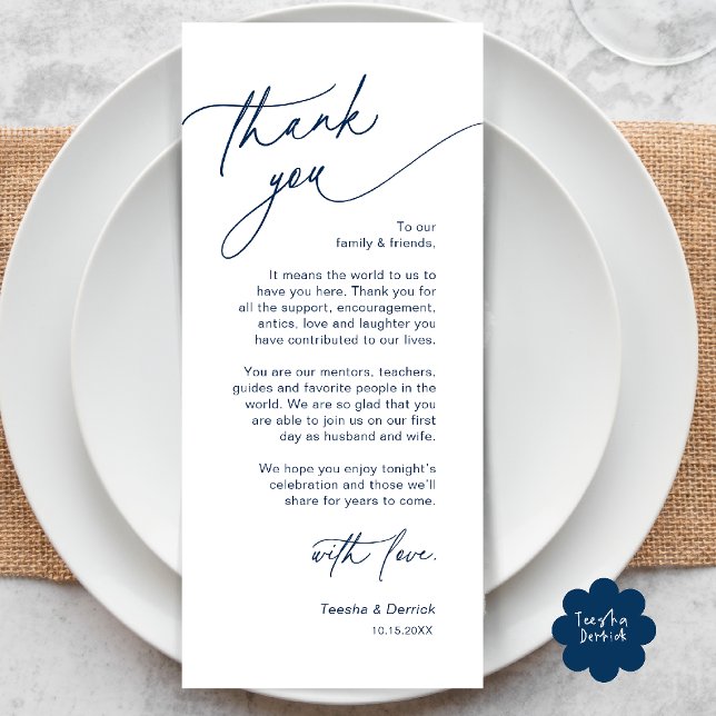 Elegante Hochzeitsplatz-Dankeskarten-Set Programm (Elegant Wedding Place Setting Dinner Thank You Card in Navy Blue)