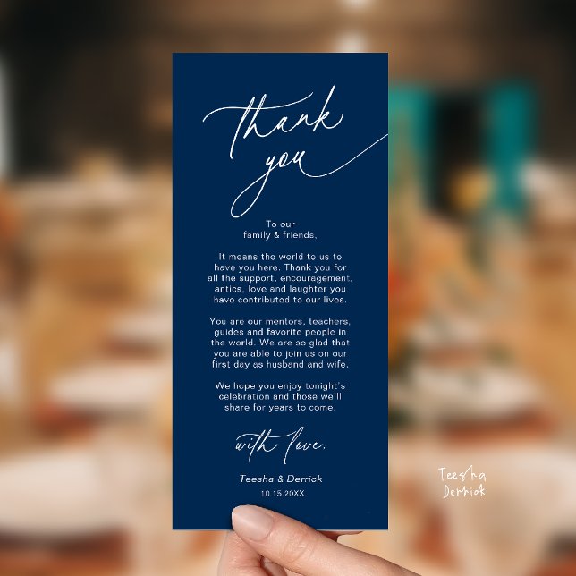 Elegante Hochzeitsplatz-Dankeskarten-Set Programm (Elegant Wedding Place Setting Dinner Thank You Card in Navy Blue)