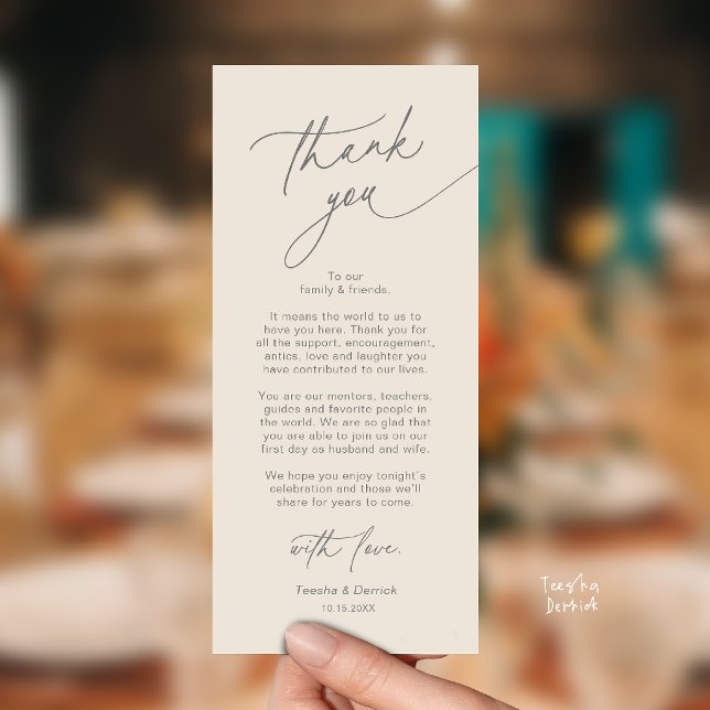 Elegante Hochzeitsplatz-Dankeskarten-Set Programm (Elegant Wedding Place Setting Dinner Thank You Card in Cream and Grey)