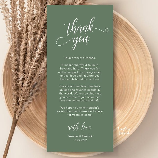 Elegante Hochzeitsplatz-Dankeskarten-Set Programm (Elegant Wedding Place Setting Thank You Card in Sage Green)