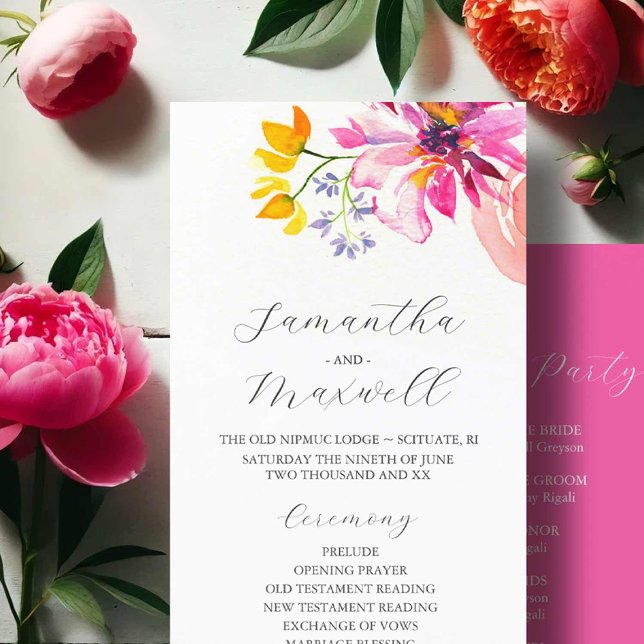 Elegante Hochzeitsprogramme Fuchsia Blume Programm (bold wedding flowers fuchsia pink watercolor art by Victoria Grigaliunas Do Tell A Belle)