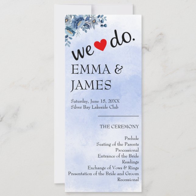Elegante Hochzeitsprogramme mit Blauer Flora (Vorderseite)