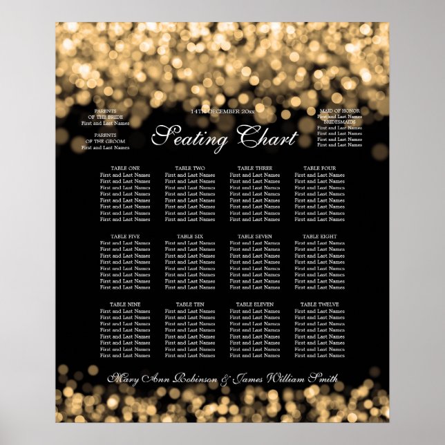 Elegante Hochzeitsstichtabelle Gold Lights Poster (Vorne)