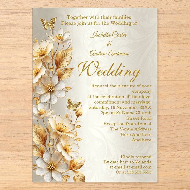 Elegante Hochzeitsstiftung Floral Cream Gold Schme Acryleinladungen (Vorderseite)