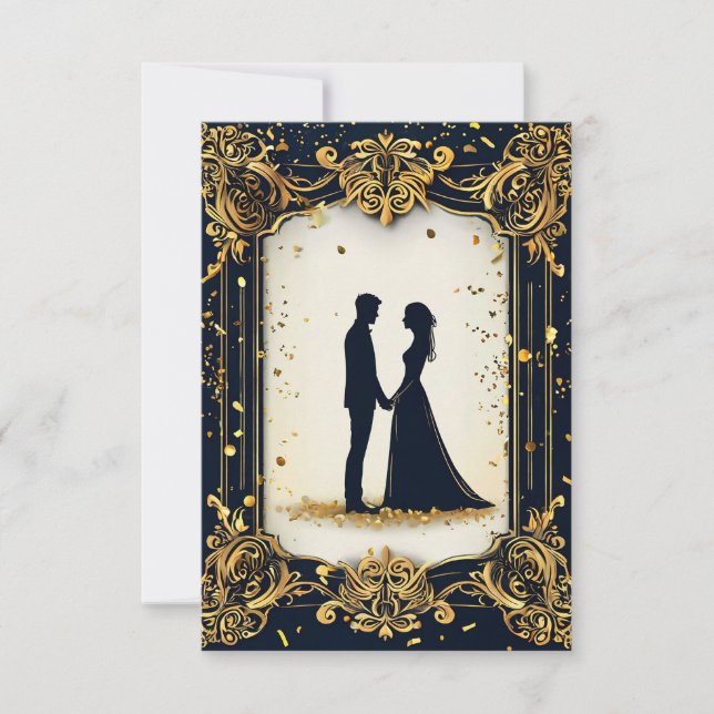 Elegante Hochzeitsstimmung mit Verziertem Goldenen Einladung (Vorderseite)