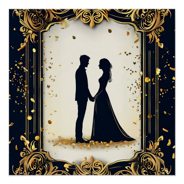 Elegante Hochzeitsstimmung mit Verziertem Goldenen Poster (Vorderseite)