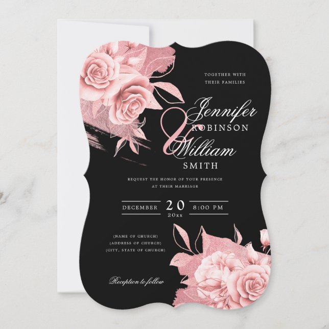 Elegante Hochzeitsstimmung Rose Goldene Flora und  Einladung (Vorderseite)
